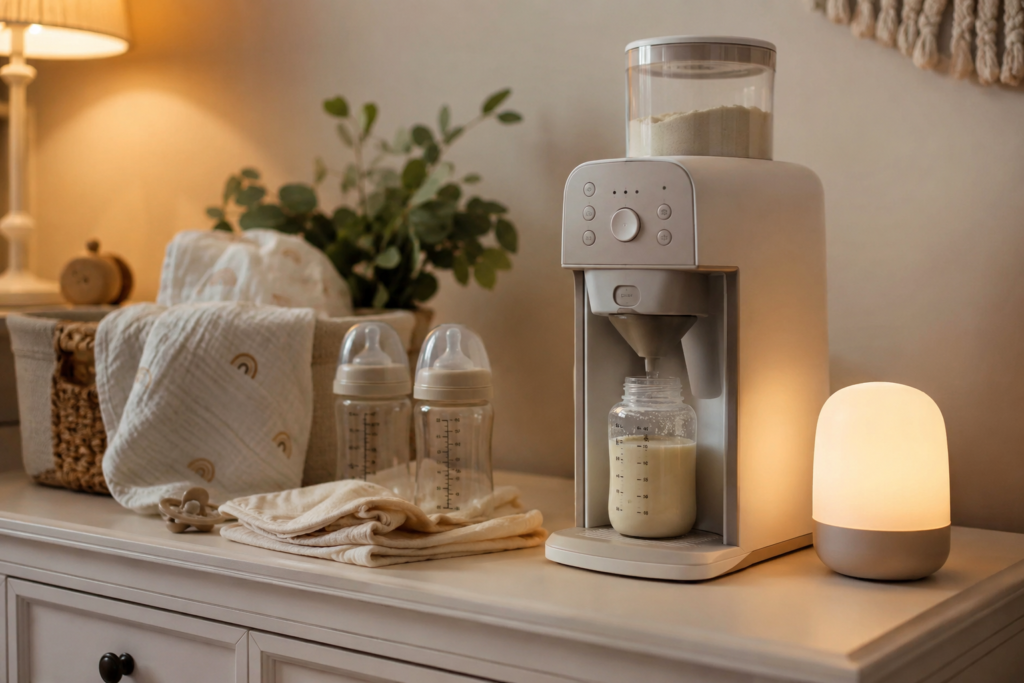 Formula maker and baby feeding essentials prepared for nighttime feeds