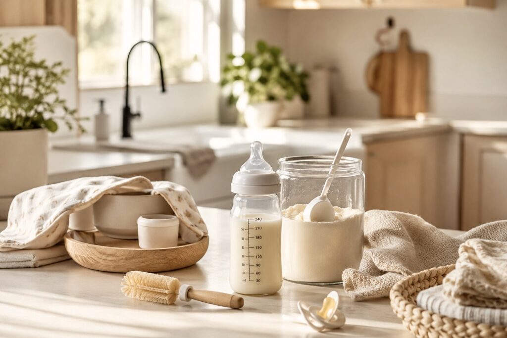 Prepared baby bottle and formula feeding essentials and supplies arranged on a kitchen counter.