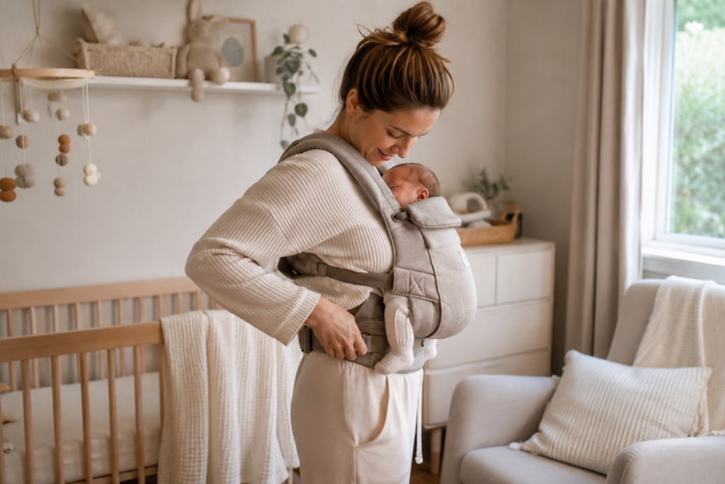 Mother adjusting a newborn baby carrier while learning how to babywear
