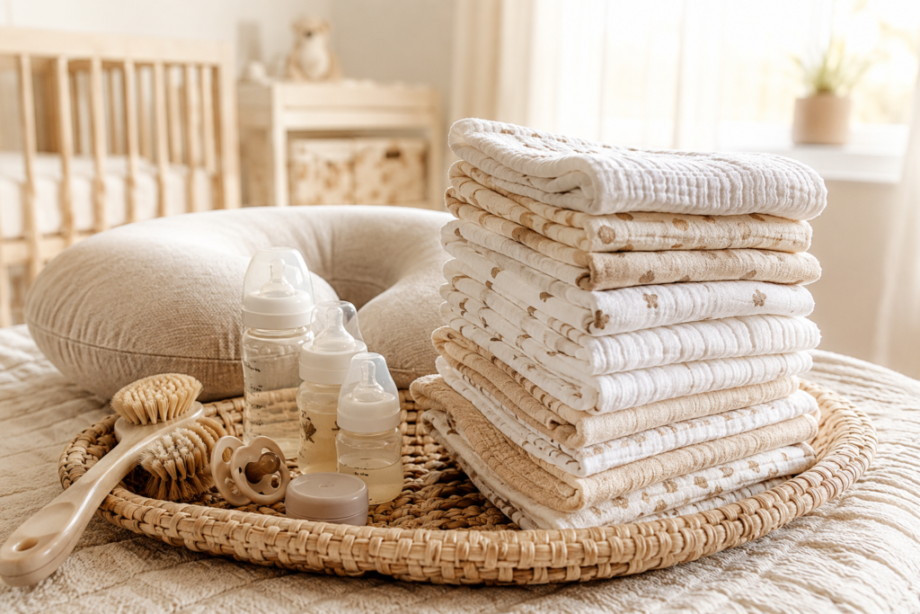 Stack of burp cloths beside baby feeding essentials in a nursery.