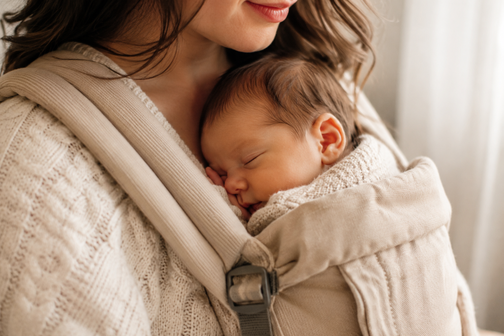 Sleeping newborn taking a contact nap in a baby carrier