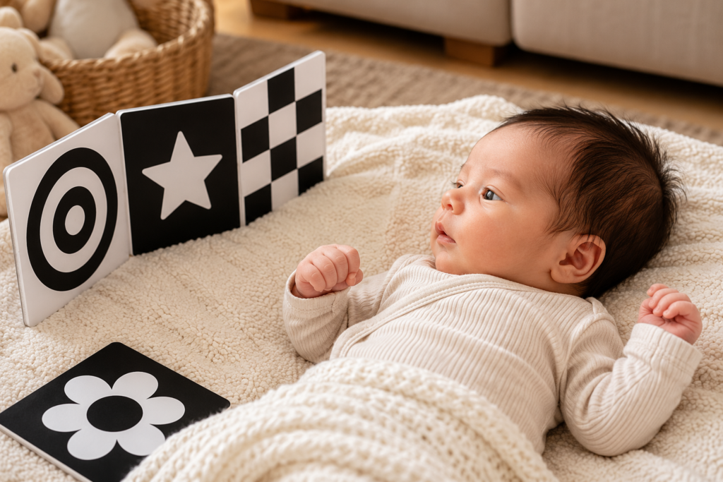 Newborn looking at black and white contrast cards during awake time