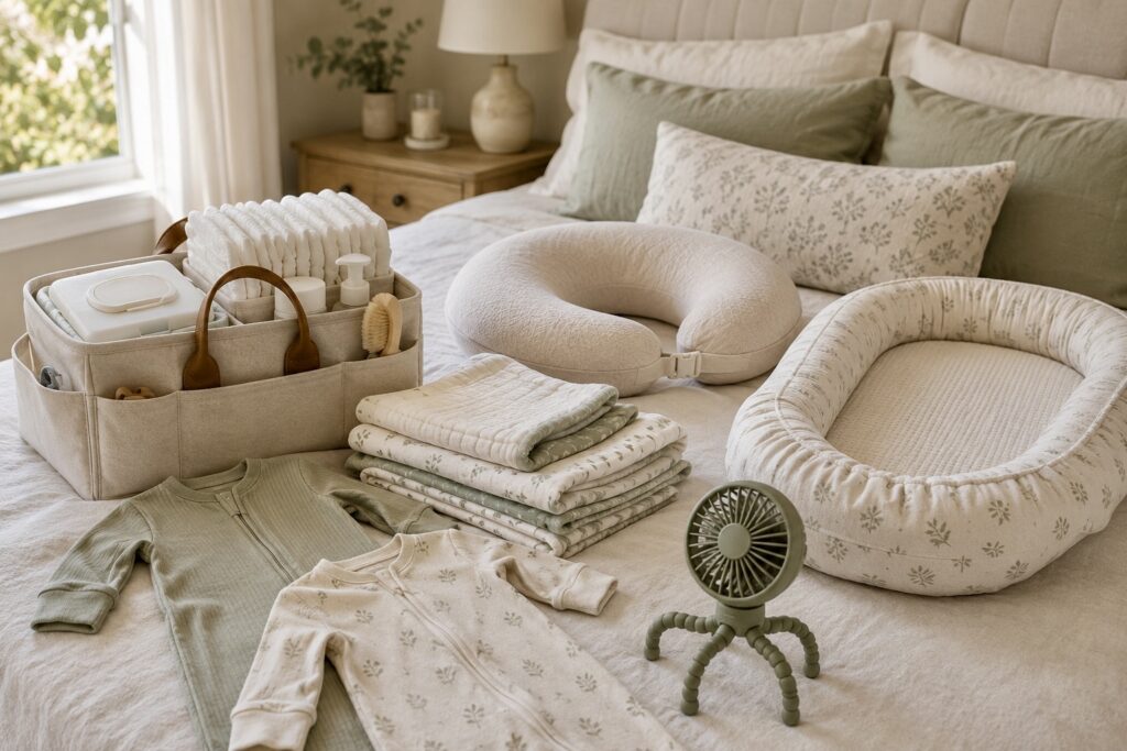 Everyday newborn essentials including a diaper caddy, burp cloths, zipper sleepers, and nursing pillow.