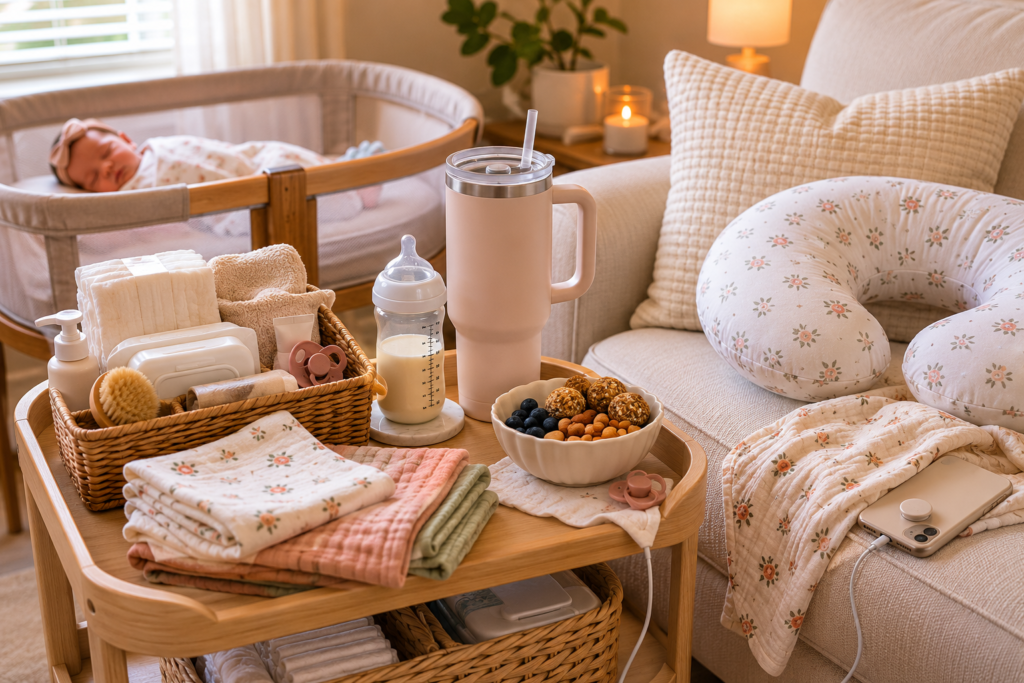 Newborn feeding station with baby bottle, nursing pillow, snacks, water bottle, and baby essentials beside a bassinet