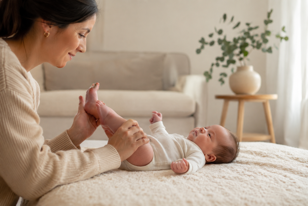 Parent gently helping newborn with bicycle kicks for gas relief