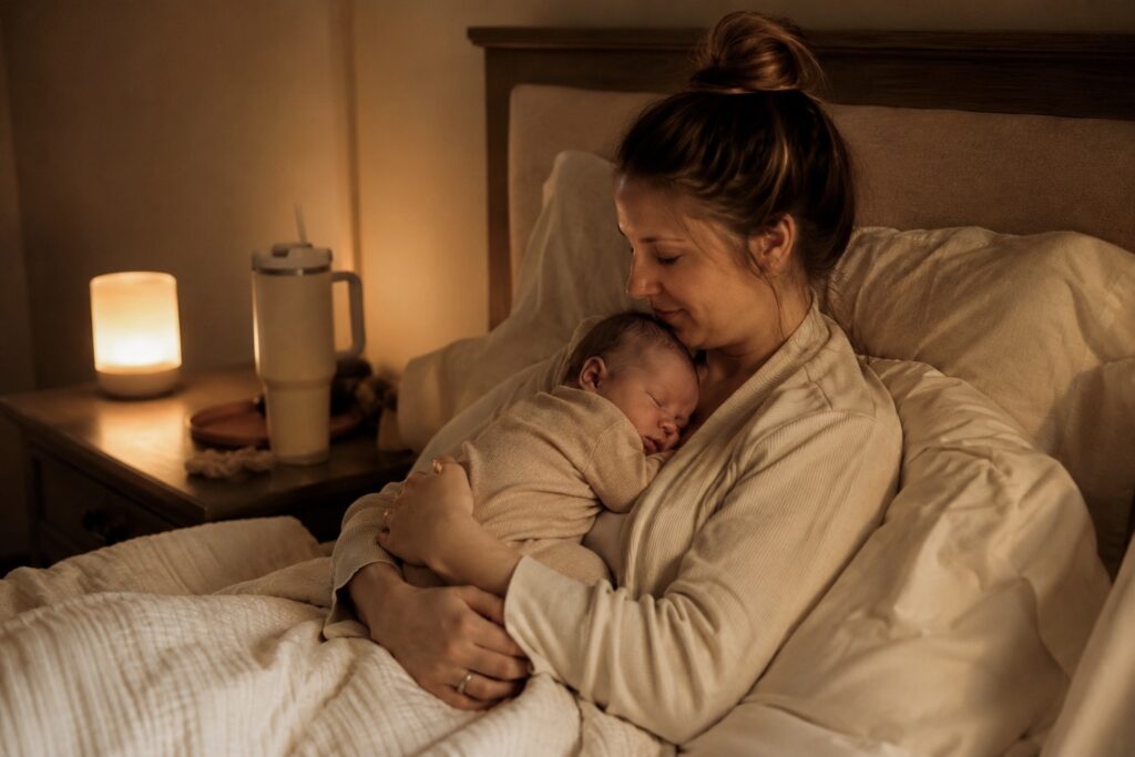 New mom holding a sleeping newborn in bed during the night