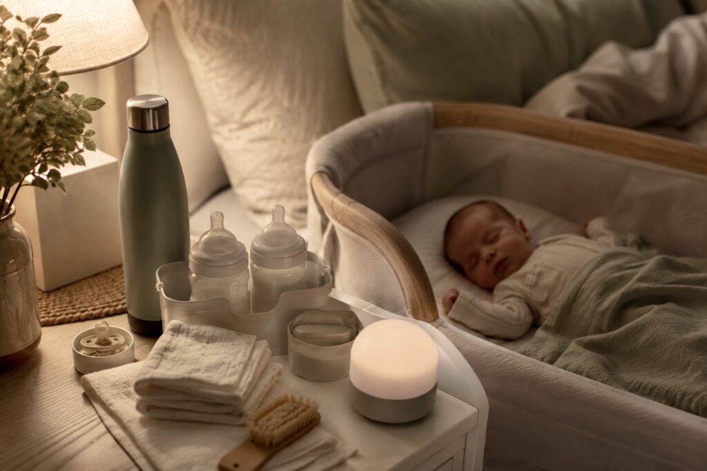Night feeding station with bottles, water, and newborn essentials beside a bed.