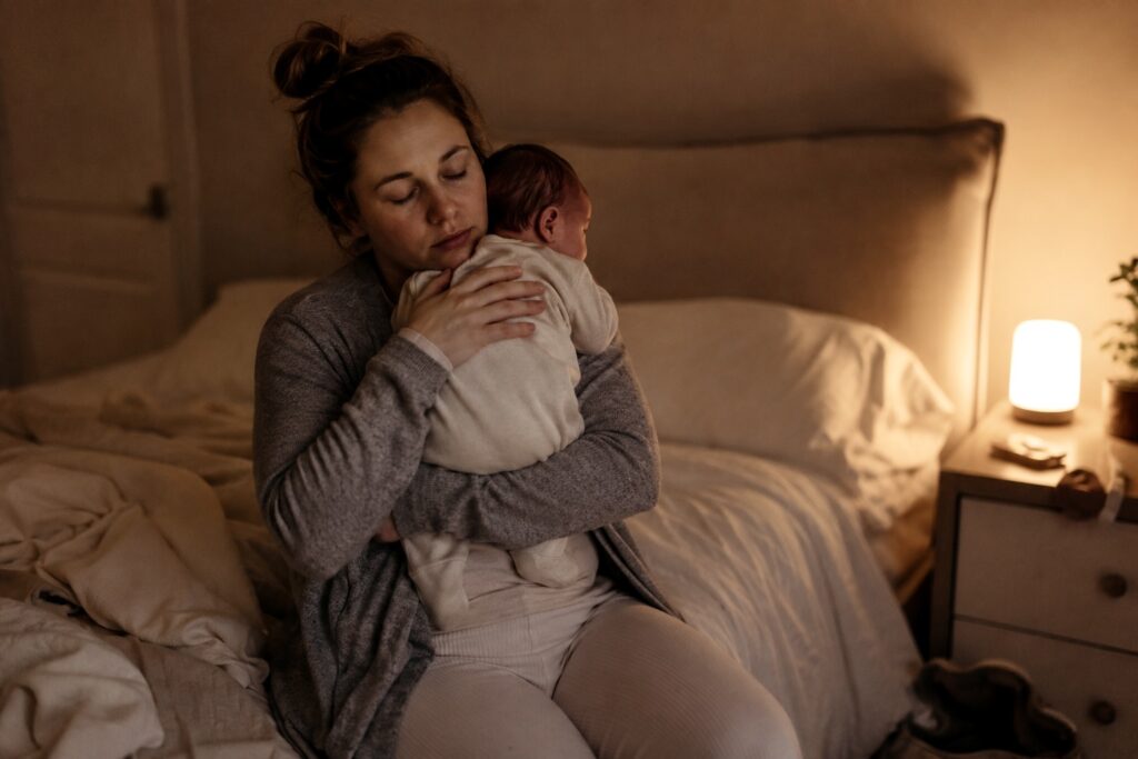 New mom comforting her newborn during a nighttime wakeup