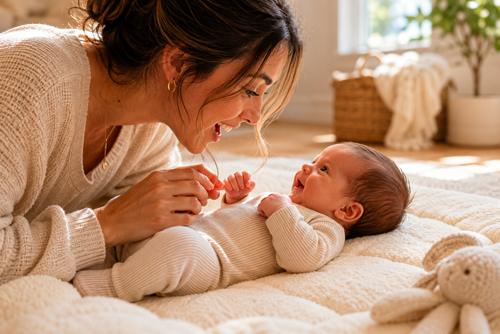 Parent talking and smiling at newborn during awake time