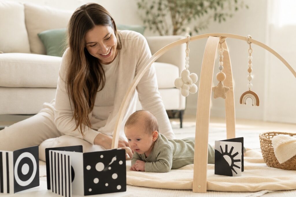 Mother and newborn using a play gym and contrast cards during tummy time.