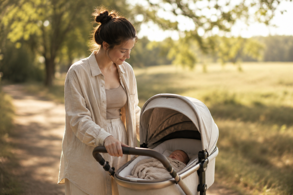 Mother taking newborn outside for a calming stroller walk to soothe a newborn 