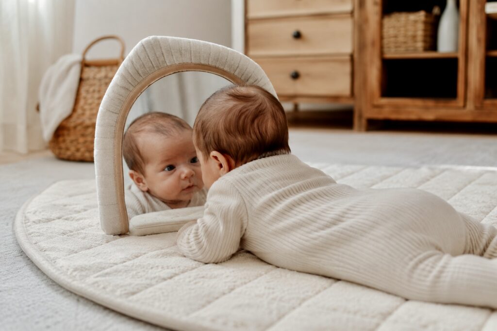 Newborn practicing tummy time with baby-safe mirror