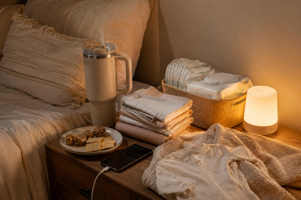 newborn night feeding essentials station beside a bed with baby essentials