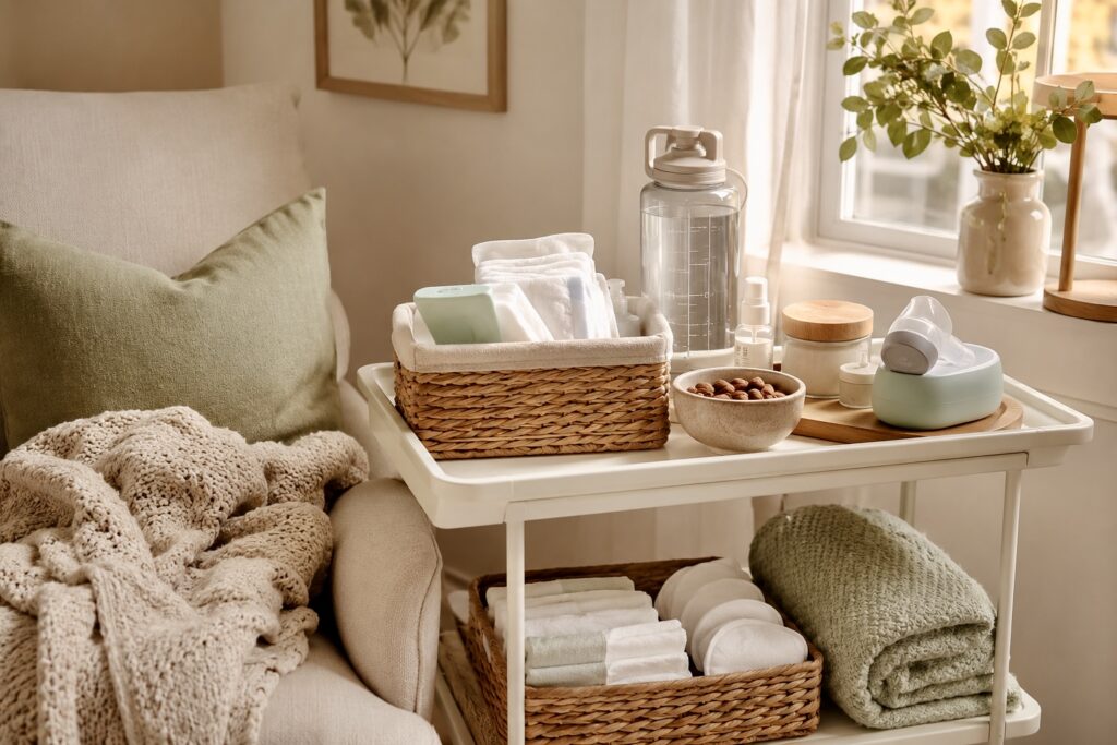 Postpartum recovery supplies including nursing pads, postpartum pads, water bottle, and recovery essentials.