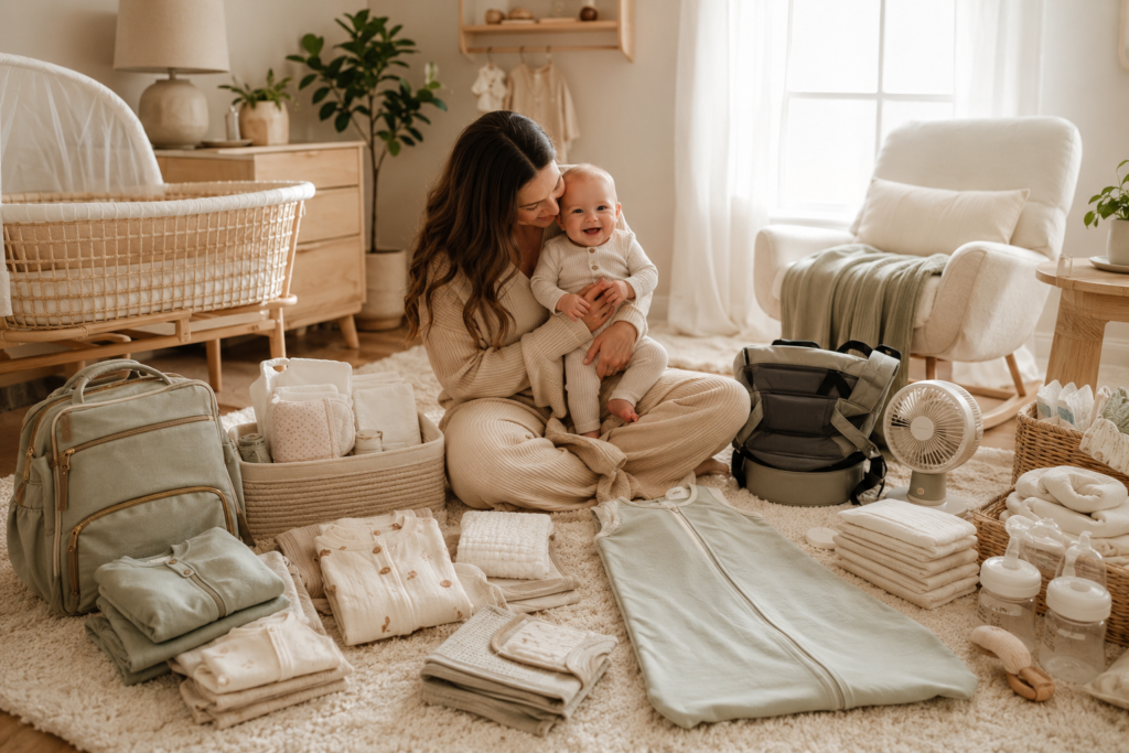 Mom sitting with baby, baby registry checklist, and practical baby registry essentials arranged in a minimalist nursery.