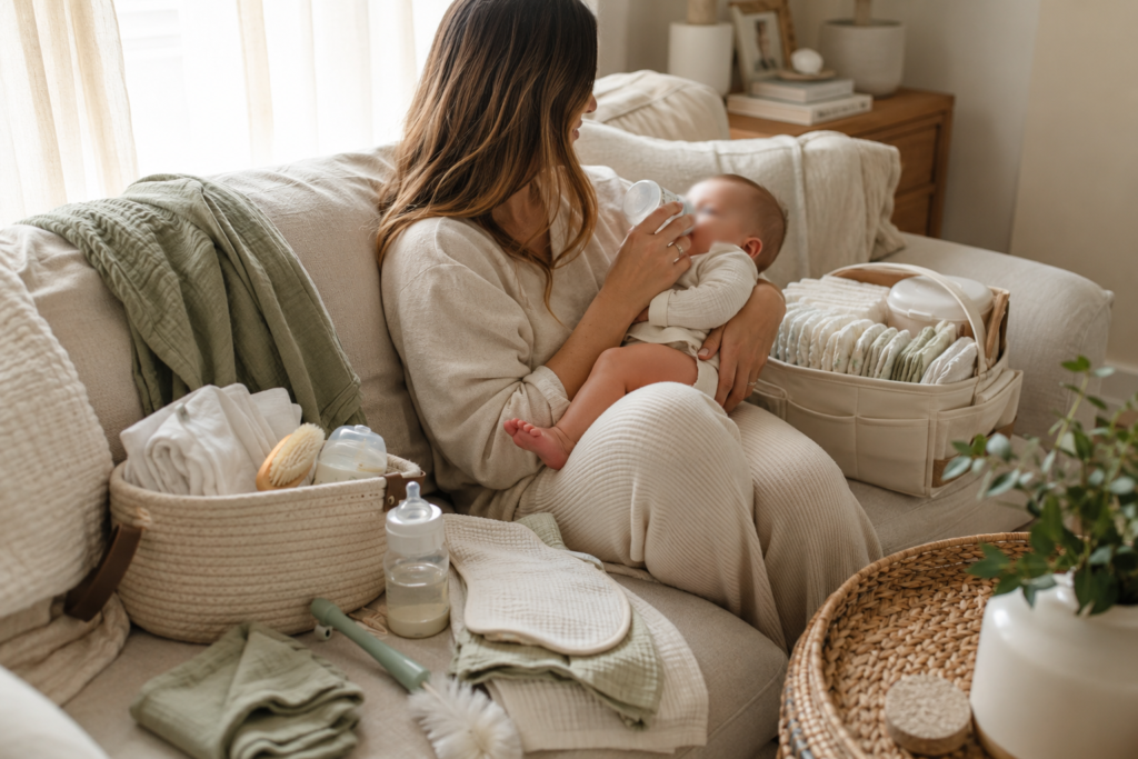 Mother feeding baby beside diapering and feeding essentials in a cozy living room.