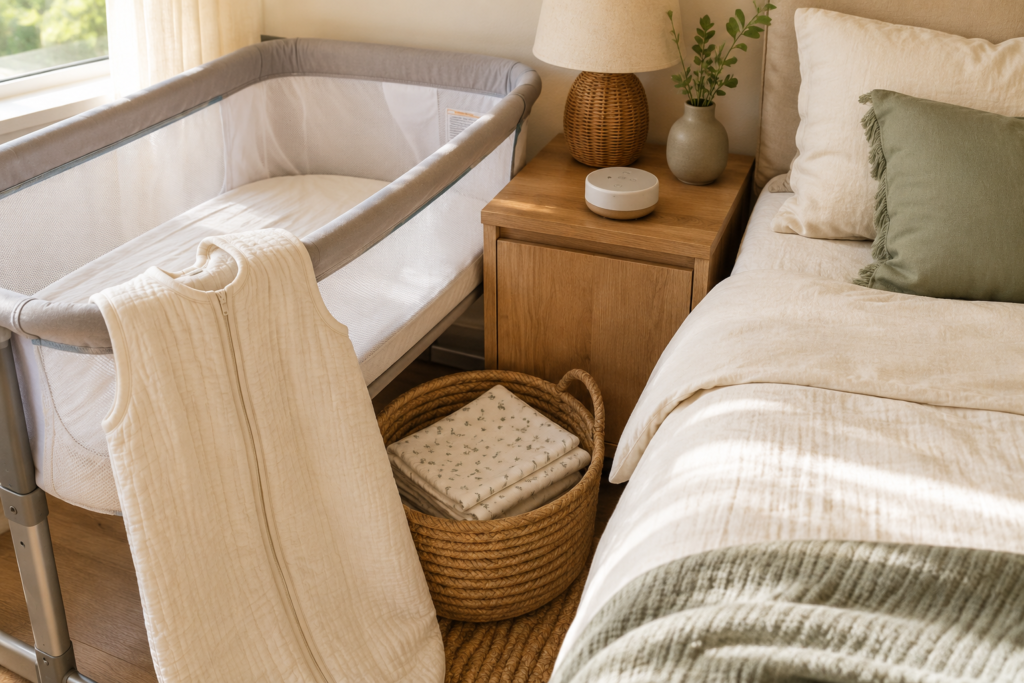 Minimalist nursery with bedside bassinet, sleep sack, bassinet sheets, and portable sound machine.
