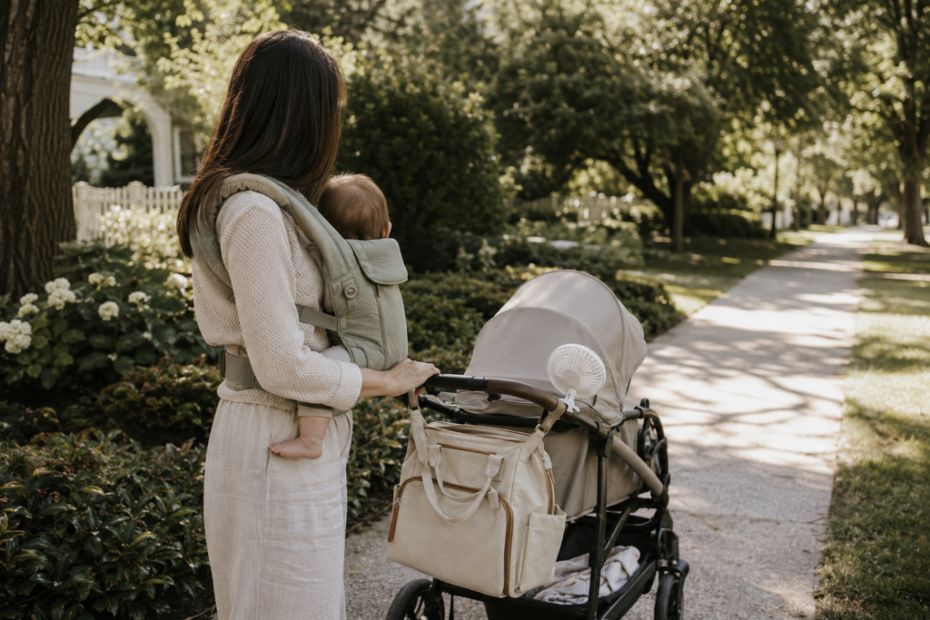 Mother babywearing while walking beside a stroller with practical travel essentials.