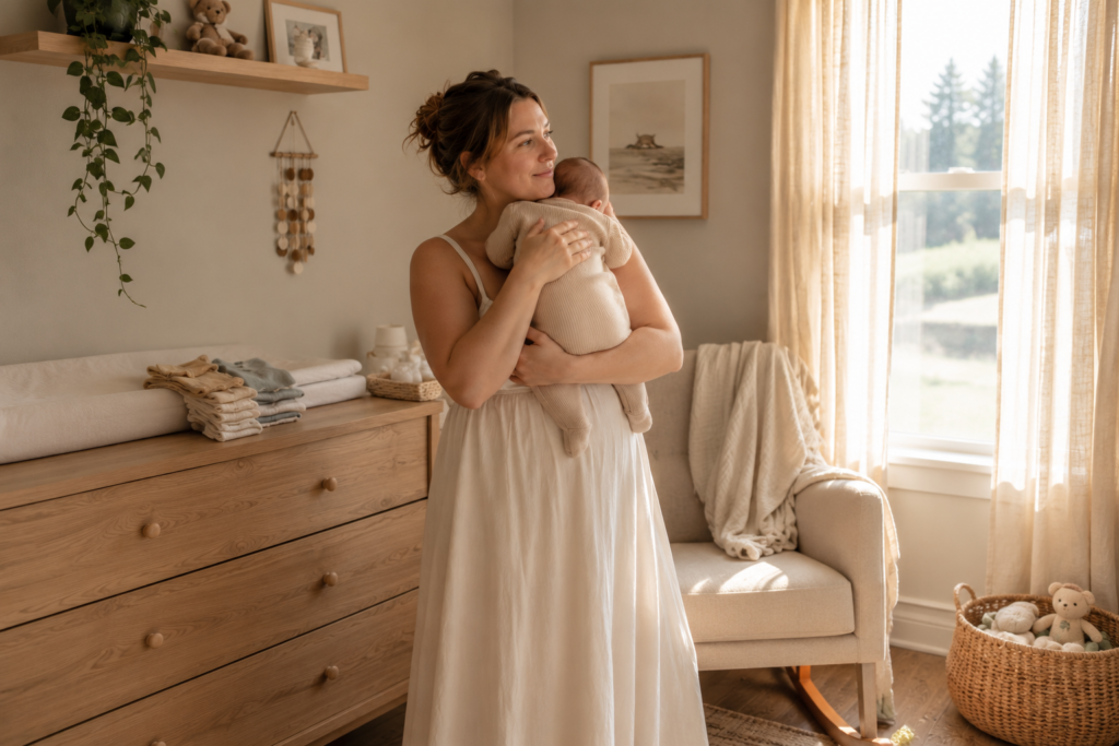 mom standing in nursery holding baby surrounded by simple nursery essentiala