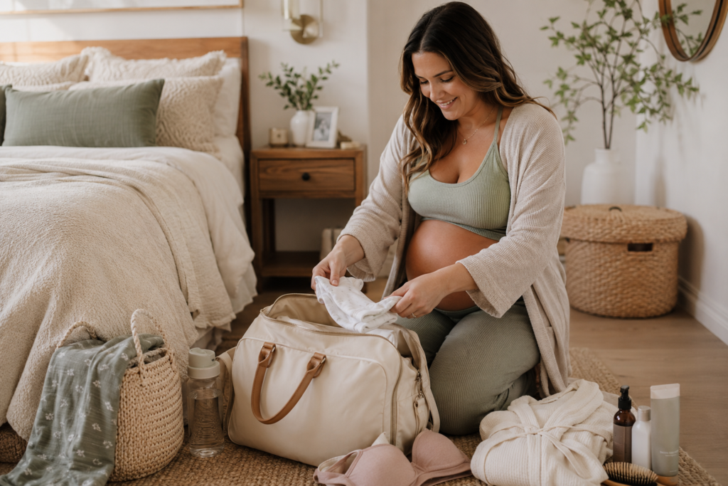 Pregnant woman packing a hospital bag for labor with baby essentials using hospital bag checklist