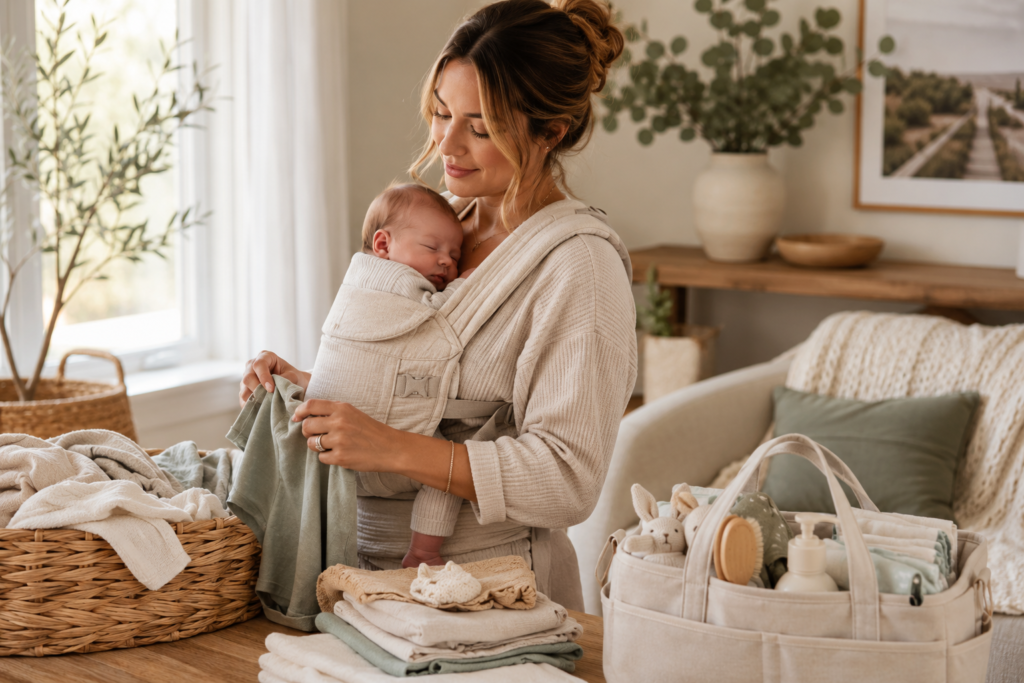 Mom babywearing while folding laundry with everyday baby essentials nearby.
