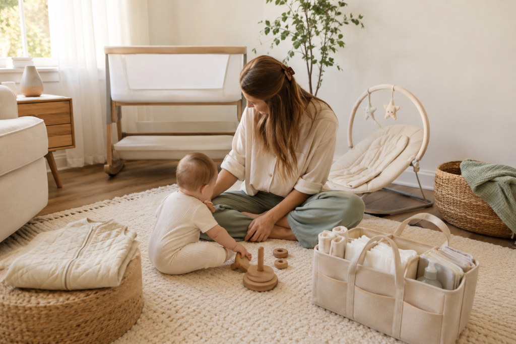 Mother enjoying time with her baby in a calm minimalist nursery with practical baby essentials.