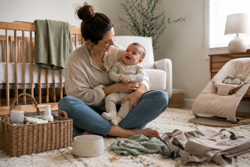 First-time mom holding her baby in a minimalist nursery with minimalist baby registry essentials.