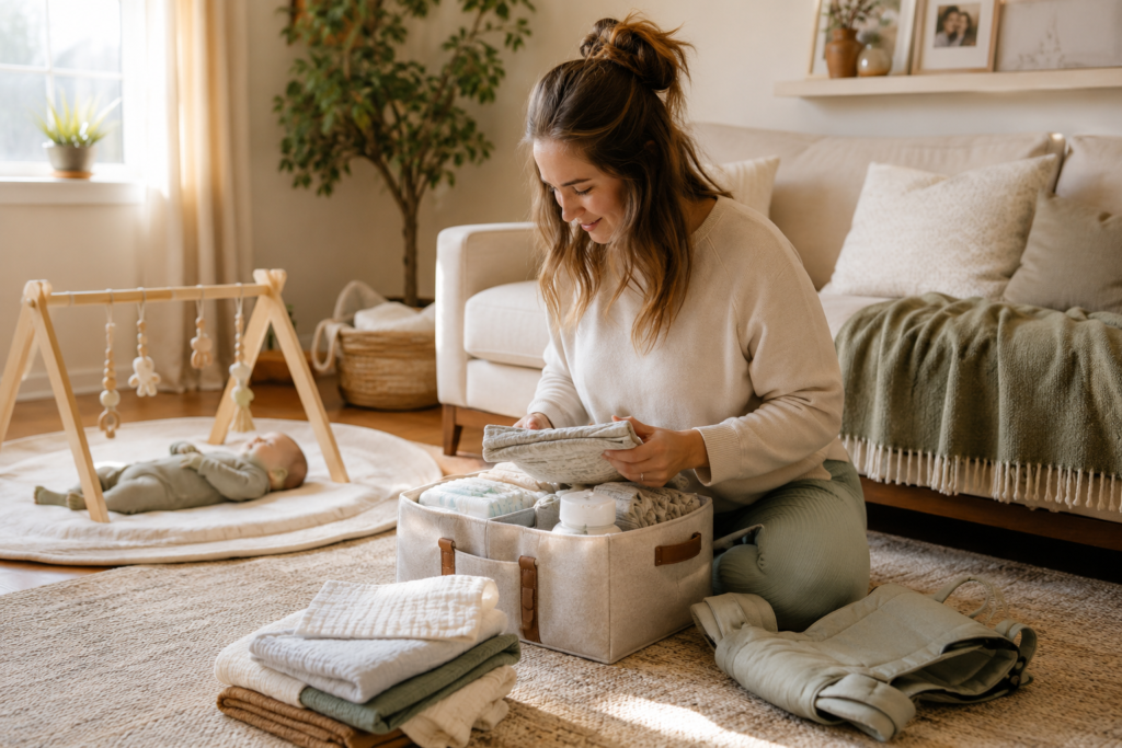 Mom organizing practical baby registry essentials in a cozy home with her newborn nearby.