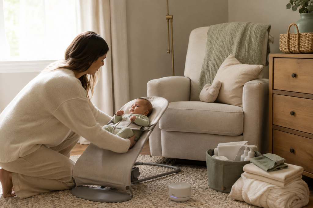 Mom placing her baby into a bouncer in a simple nursery with practical baby essentials.