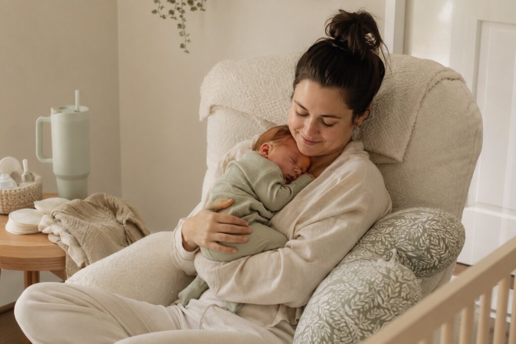 New mom recovering at home while caring for her newborn