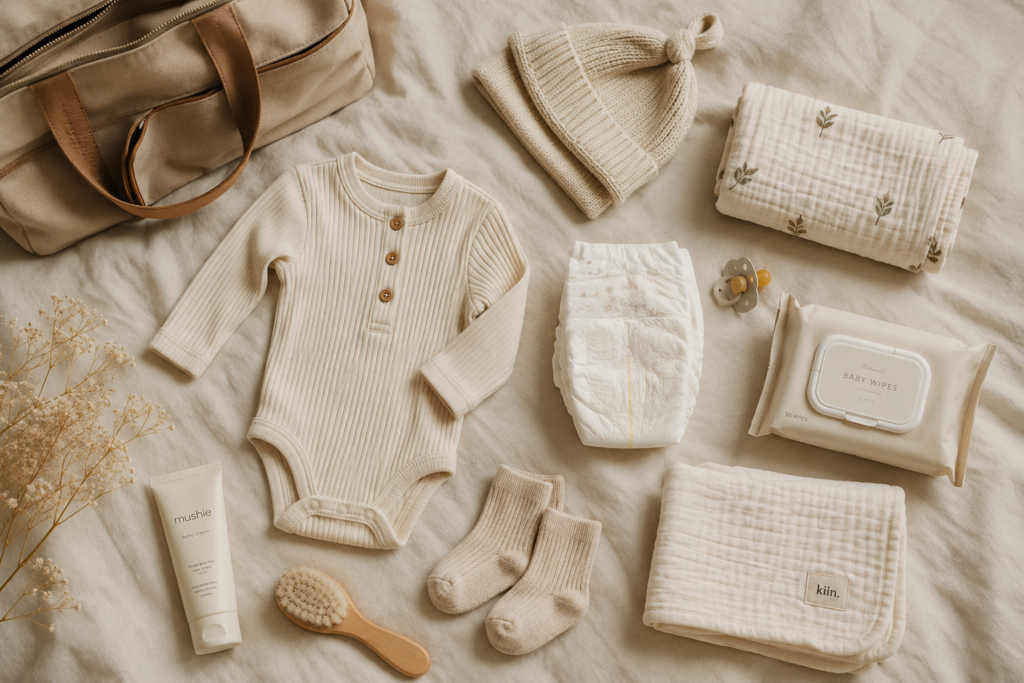 Newborn hospital bag essentials including outfit, swaddle, diapers, wipes, and hat.