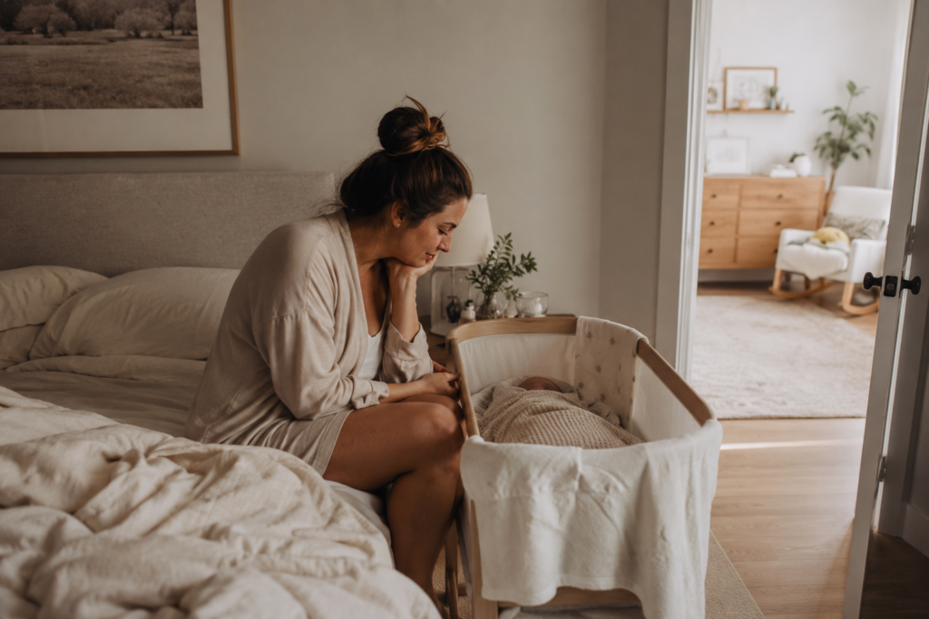 newborn nursery essentials for a first-time mom with baby sleeping beside the bed
