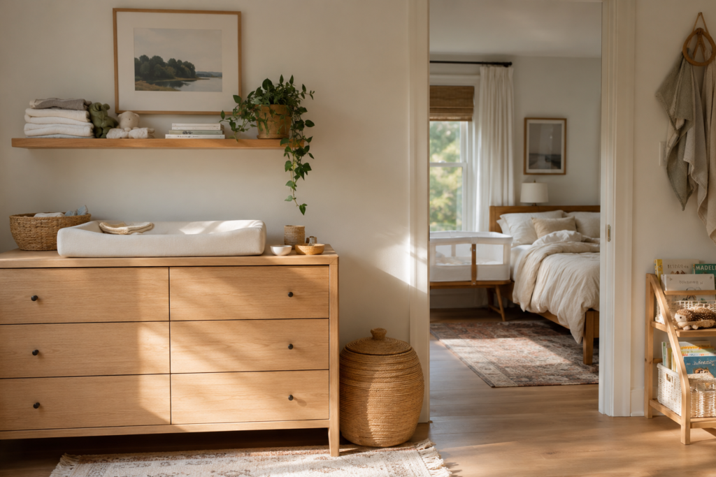 Newborn nursery essentials with an organized nursery and bedside bassinet for a first-time mom