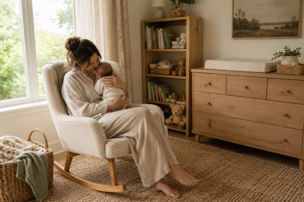 mom cuddling newborn in a cozy nursery rocking chair
