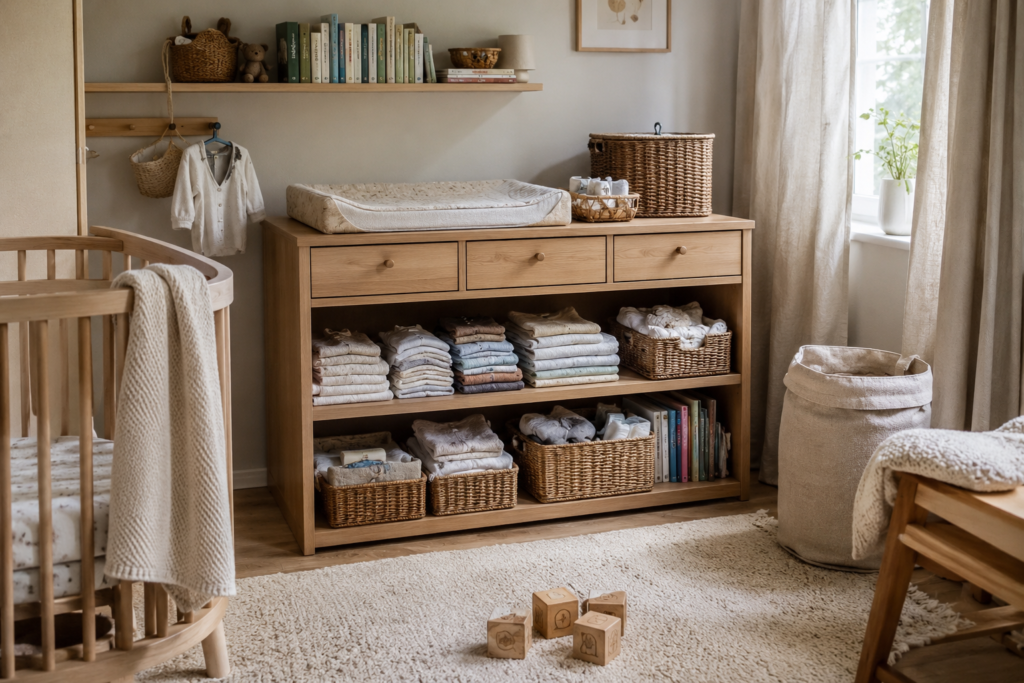 organized minimalist newborn nursery with practical storage