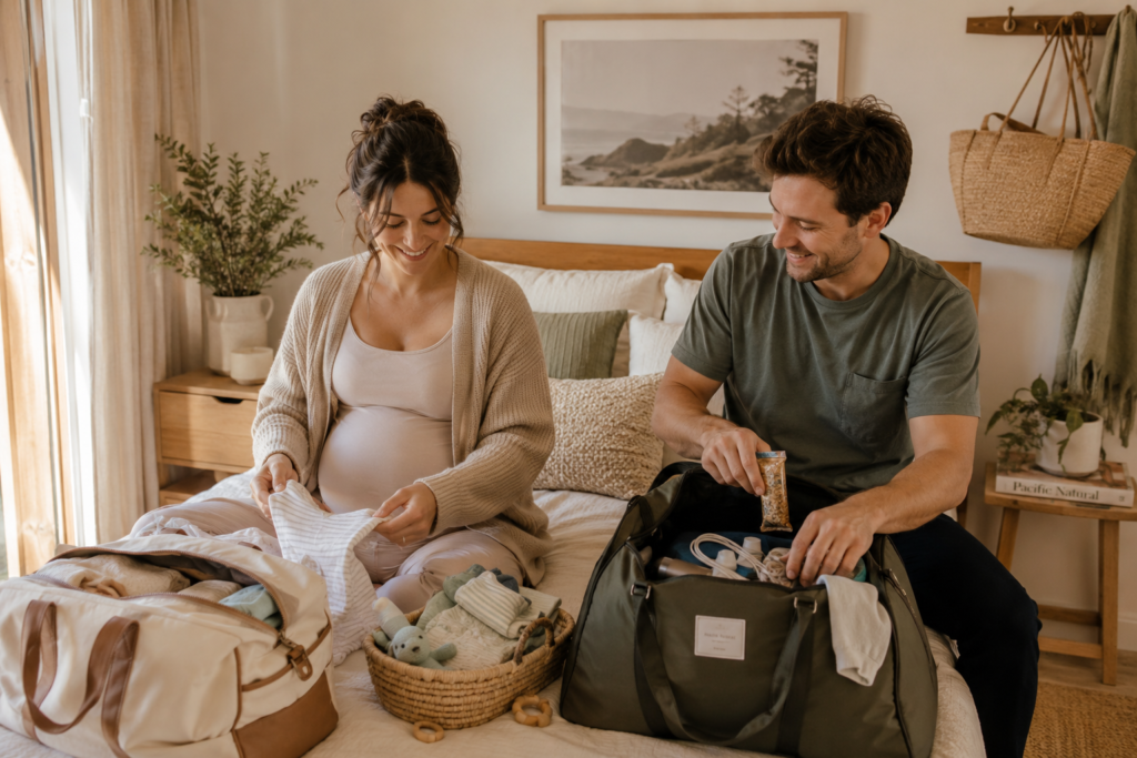 Couple packing hospital bags together before the birth of their baby.