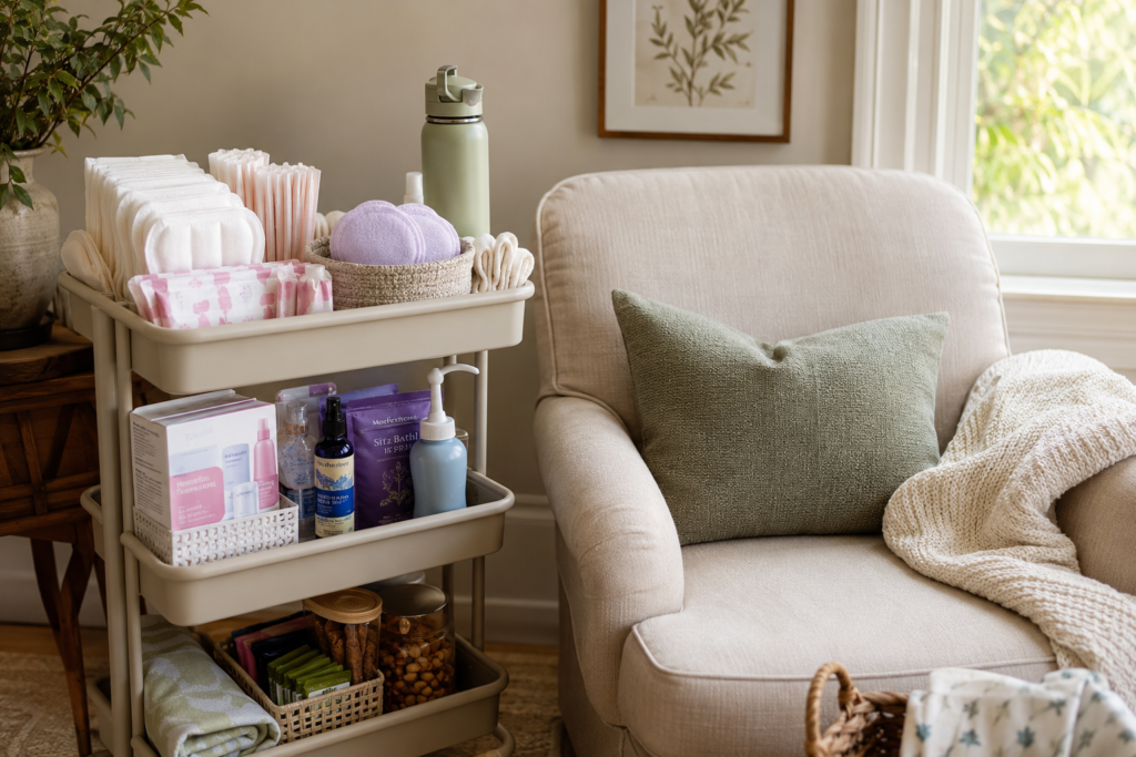 Organized postpartum recovery cart beside a nursing chair with everyday essentials
