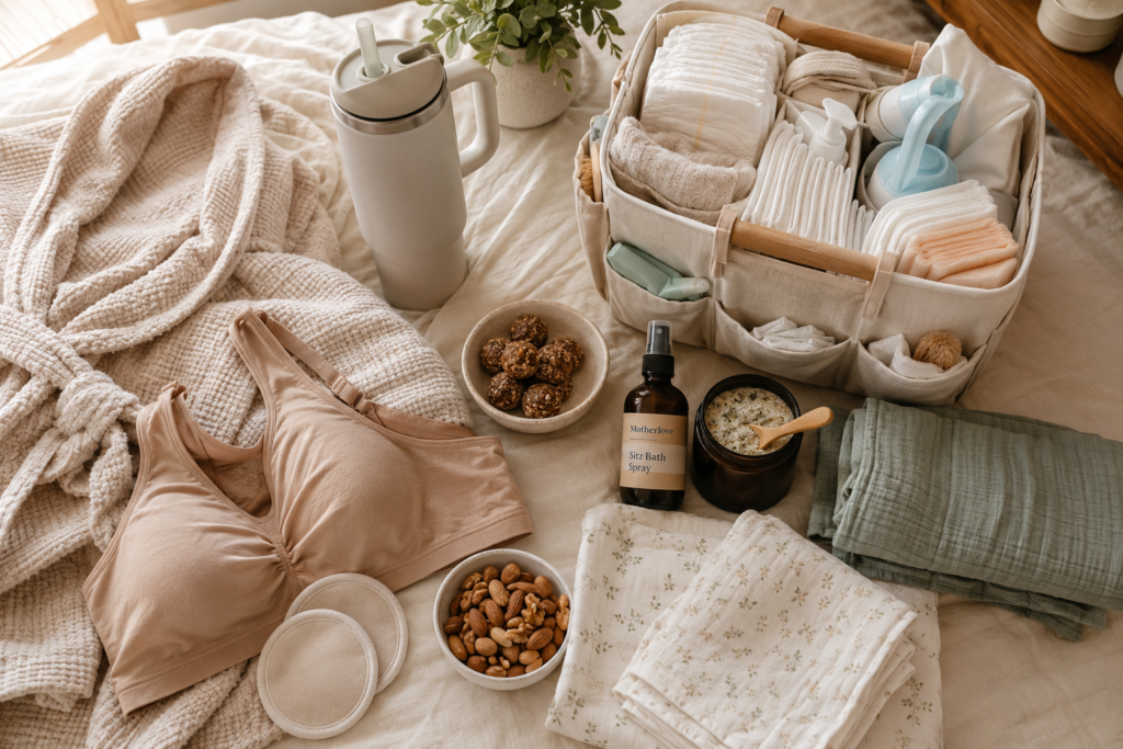Postpartum recovery essentials arranged for a new mom