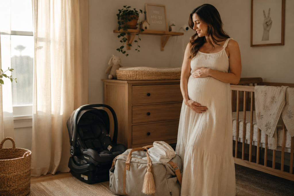 Pregnant woman standing beside a packed hospital bag and infant car seat before baby’s arrival.