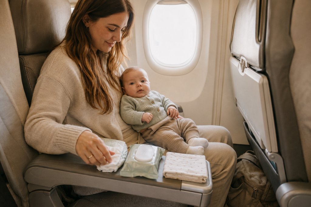 Mom preparing for an airplane diaper change with her newborn baby