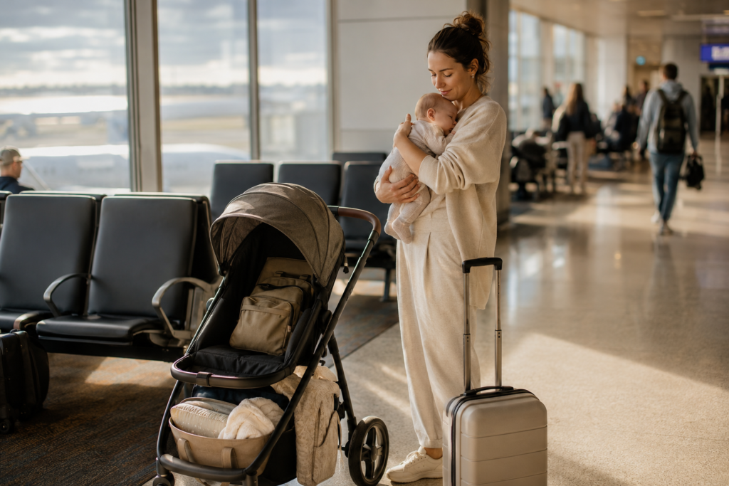 Mother traveling through an airport with her newborn, stroller and baby travel essentials