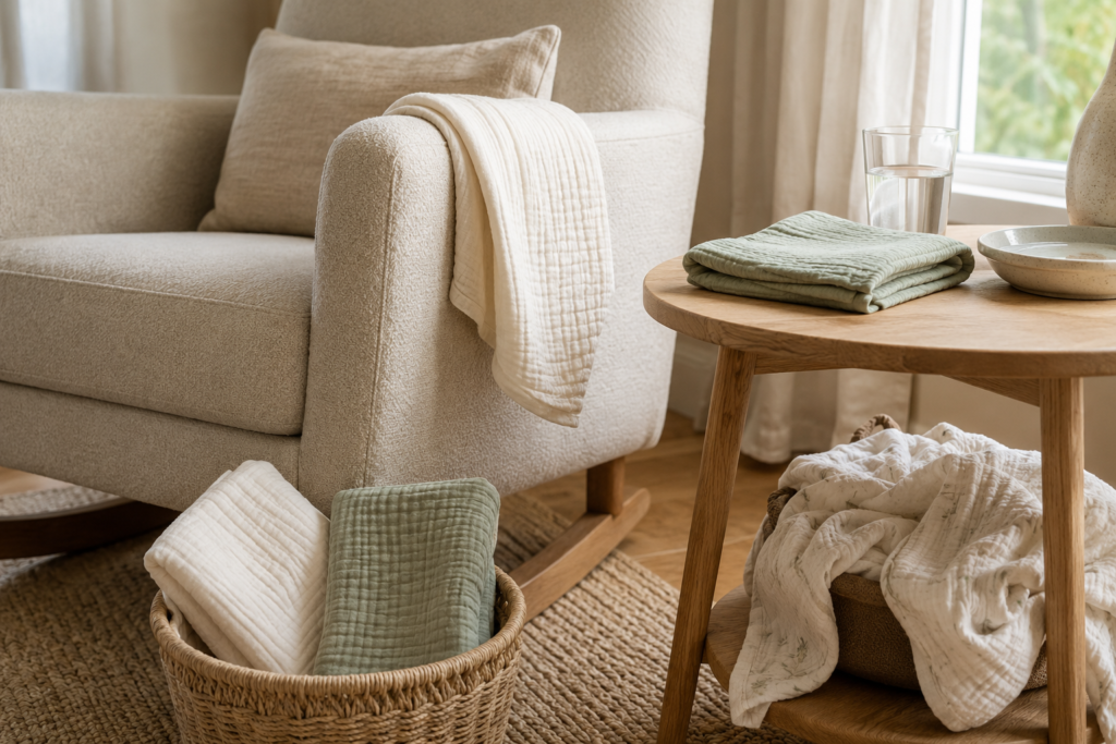 Burp cloths kept beside a rocking chair for easy access during newborn feedings