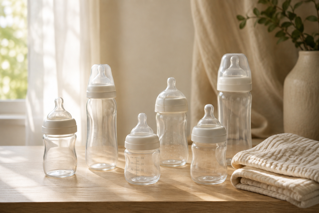 Six newborn bottles in 4 oz and 8 oz sizes on a nursery table
