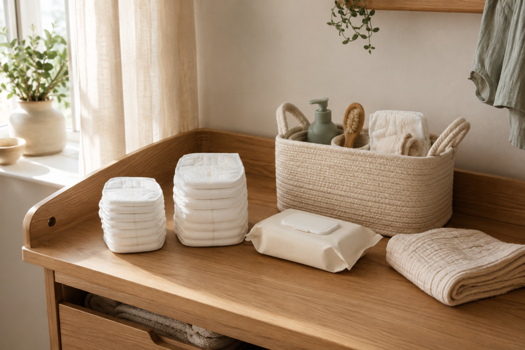 Newborn diapers and size 1 diapers arranged on a nursery changing table