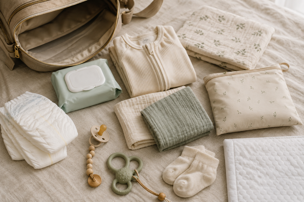 Newborn air travel essentials including diapers, wipes, burp cloths, muslin blanket and baby clothes