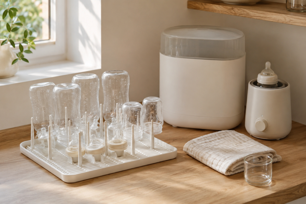 Newborn bottles beside a sterilizer and bottle warmer on a kitchen counter