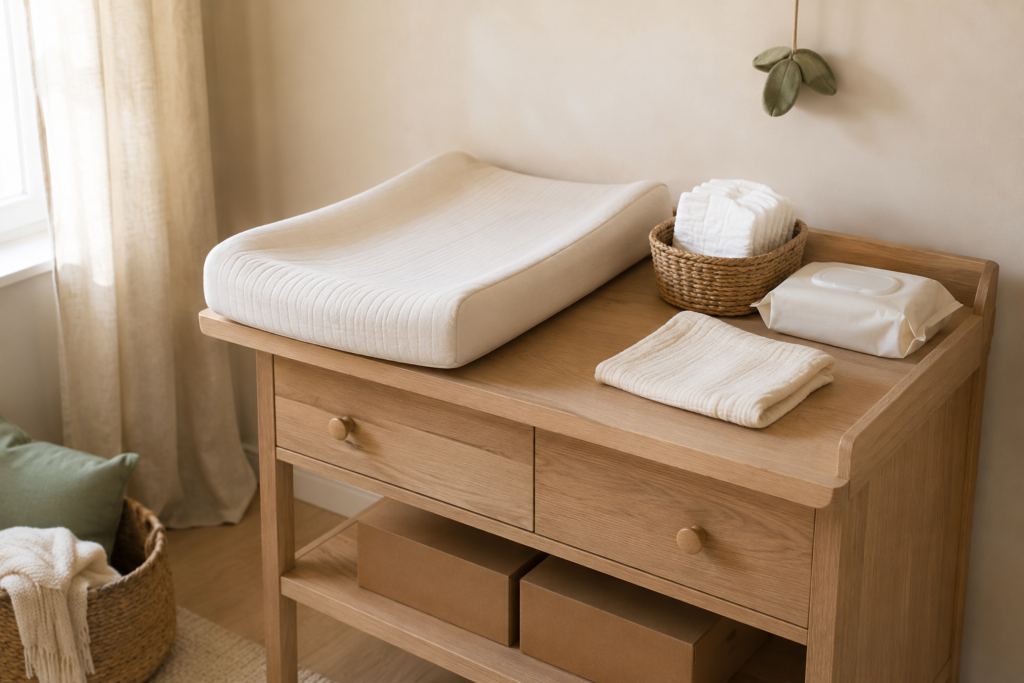 Newborn changing station with diapers and unopened backup boxes