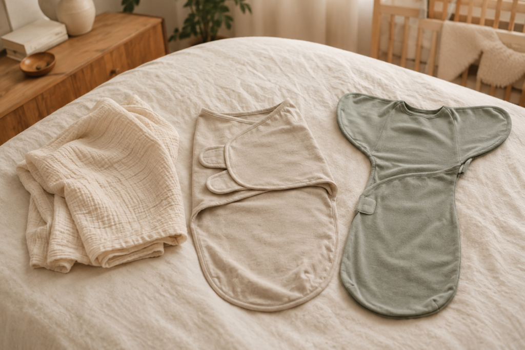 Muslin blanket, Velcro swaddle and arms-up newborn swaddle styles