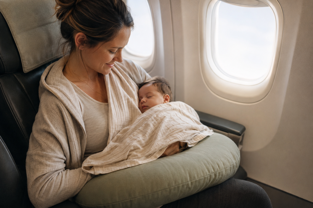 Mother holding and nursing her newborn baby during an airplane flight