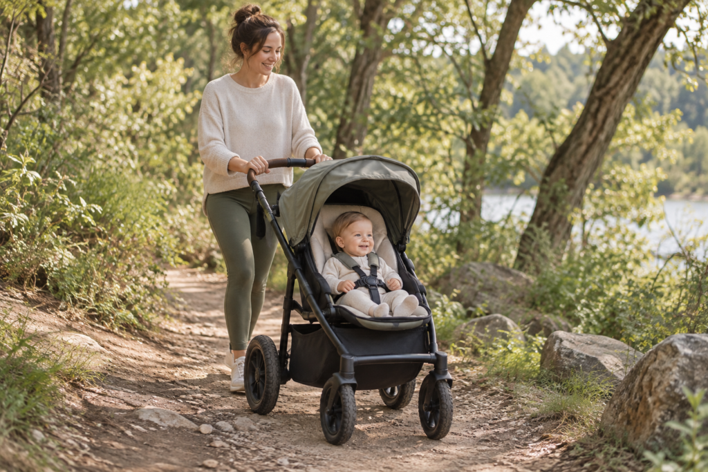 Mom using a sturdy baby stroller on an outdoor trail